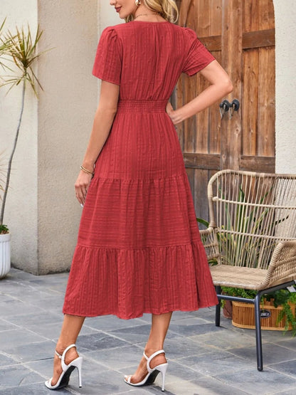 Tiered Notched Short Sleeve Dress - adritiX