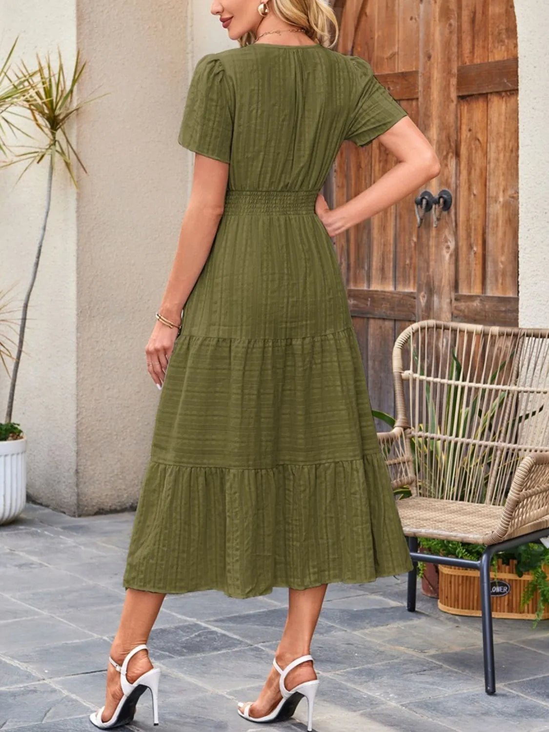 Tiered Notched Short Sleeve Dress - adritiX