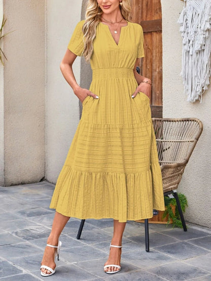 Tiered Notched Short Sleeve Dress - adritiX