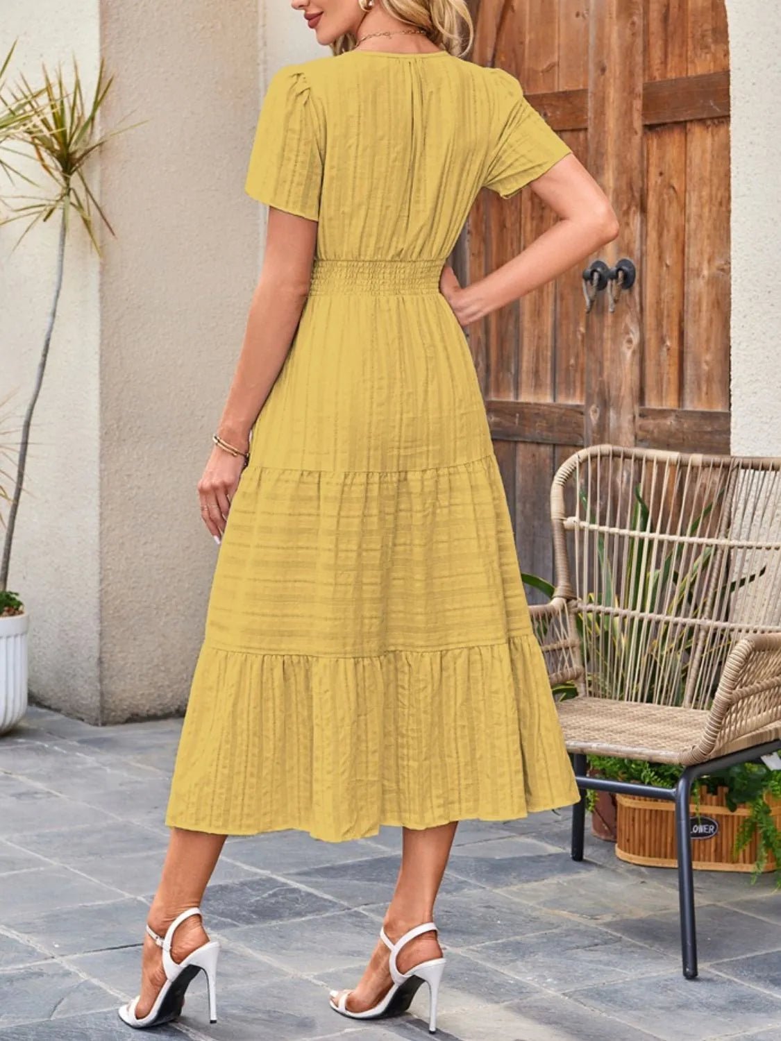 Tiered Notched Short Sleeve Dress - adritiX