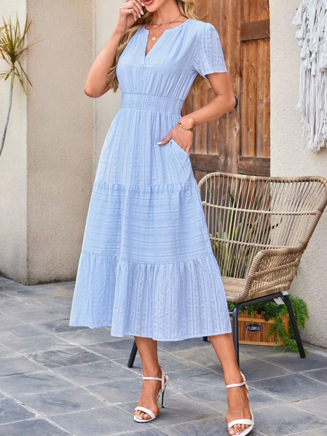 Tiered Notched Short Sleeve Dress - adritiX