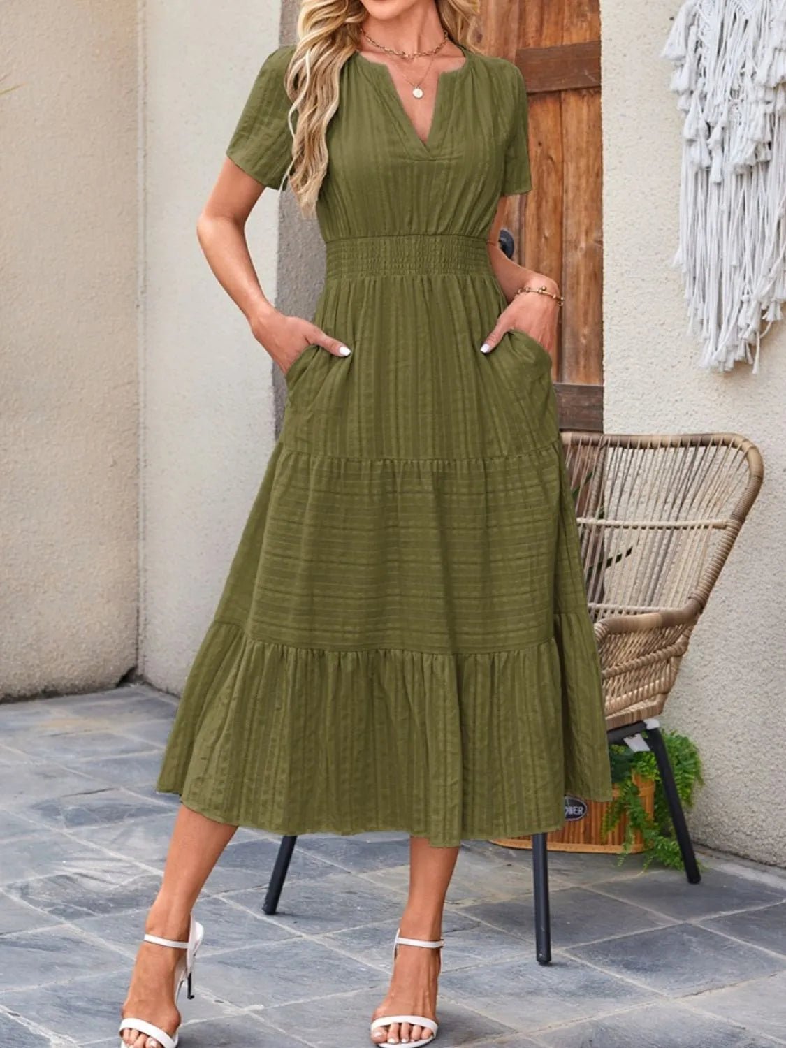 Tiered Notched Short Sleeve Dress - adritiX
