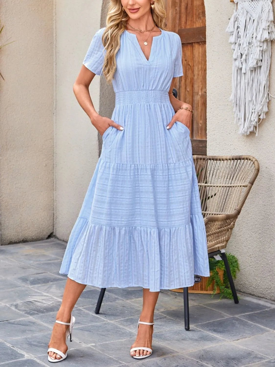 Tiered Notched Short Sleeve Dress - adritiX