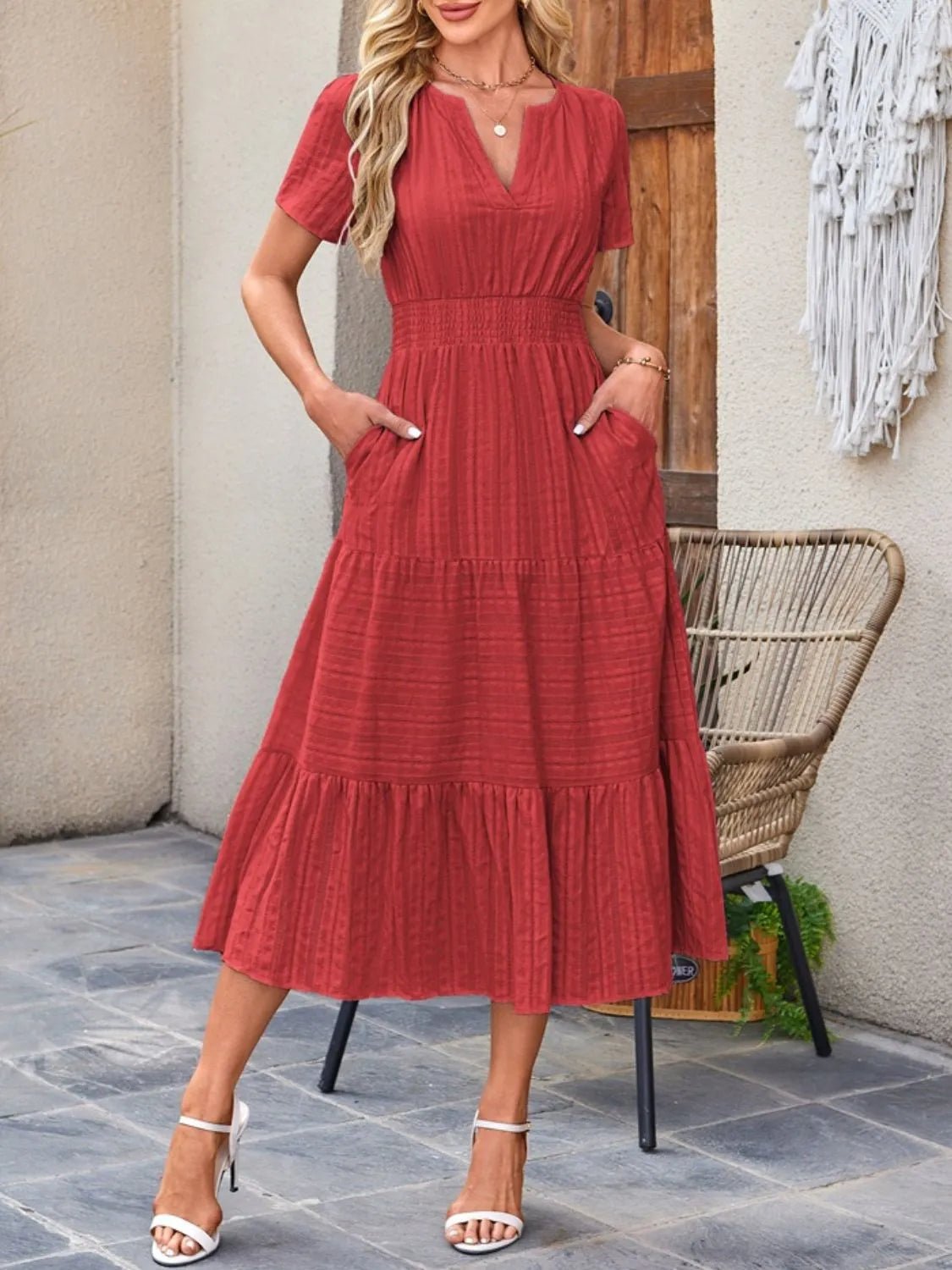 Tiered Notched Short Sleeve Dress - adritiX
