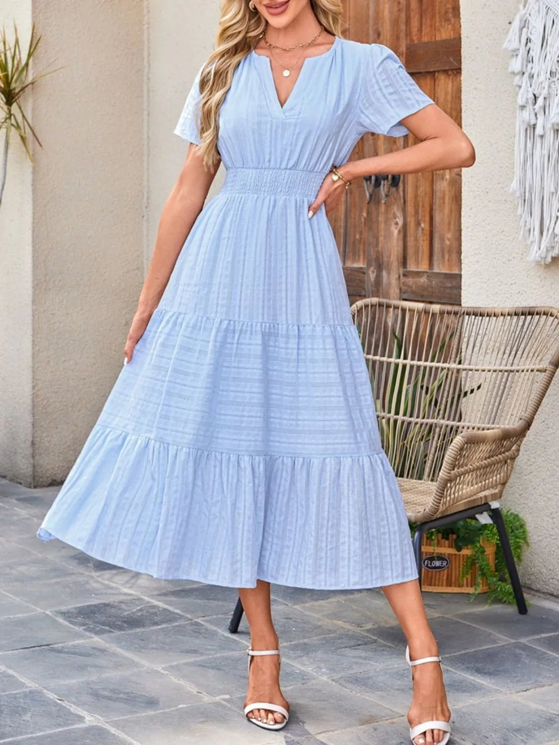 Tiered Notched Short Sleeve Dress - adritiX