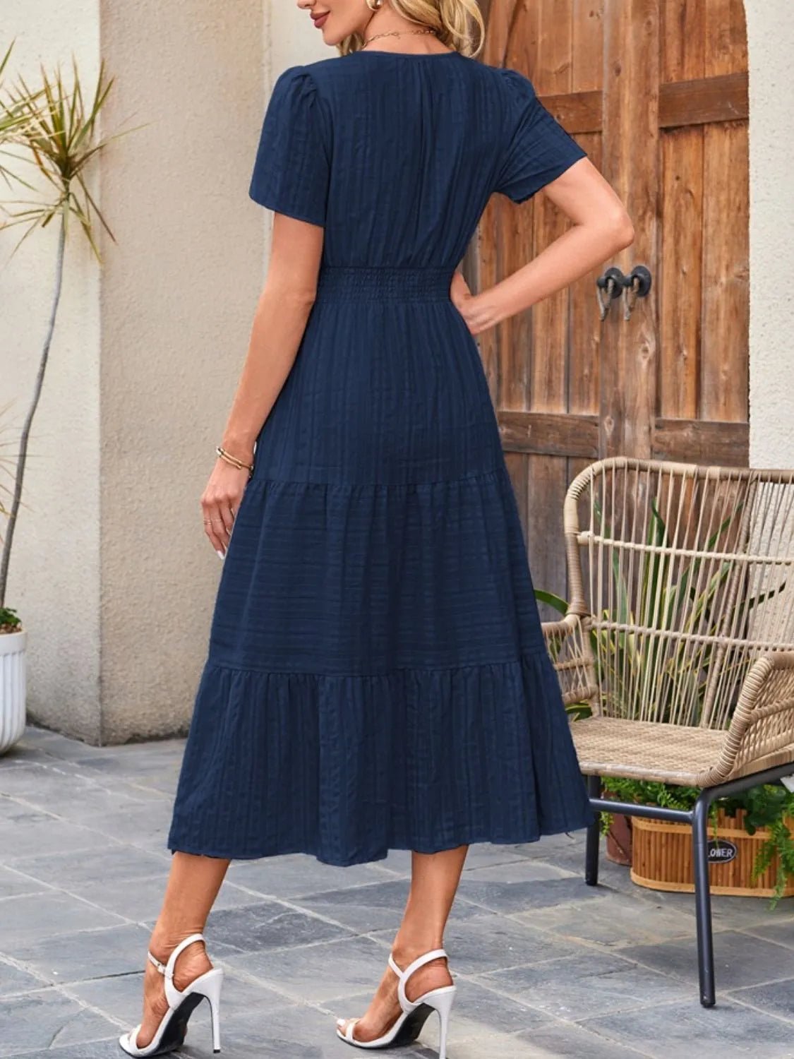 Tiered Notched Short Sleeve Dress - adritiX