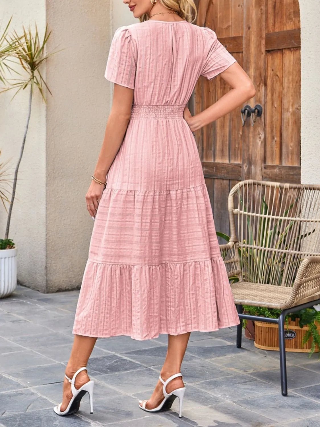Tiered Notched Short Sleeve Dress - adritiX