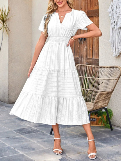Tiered Notched Short Sleeve Dress - adritiX