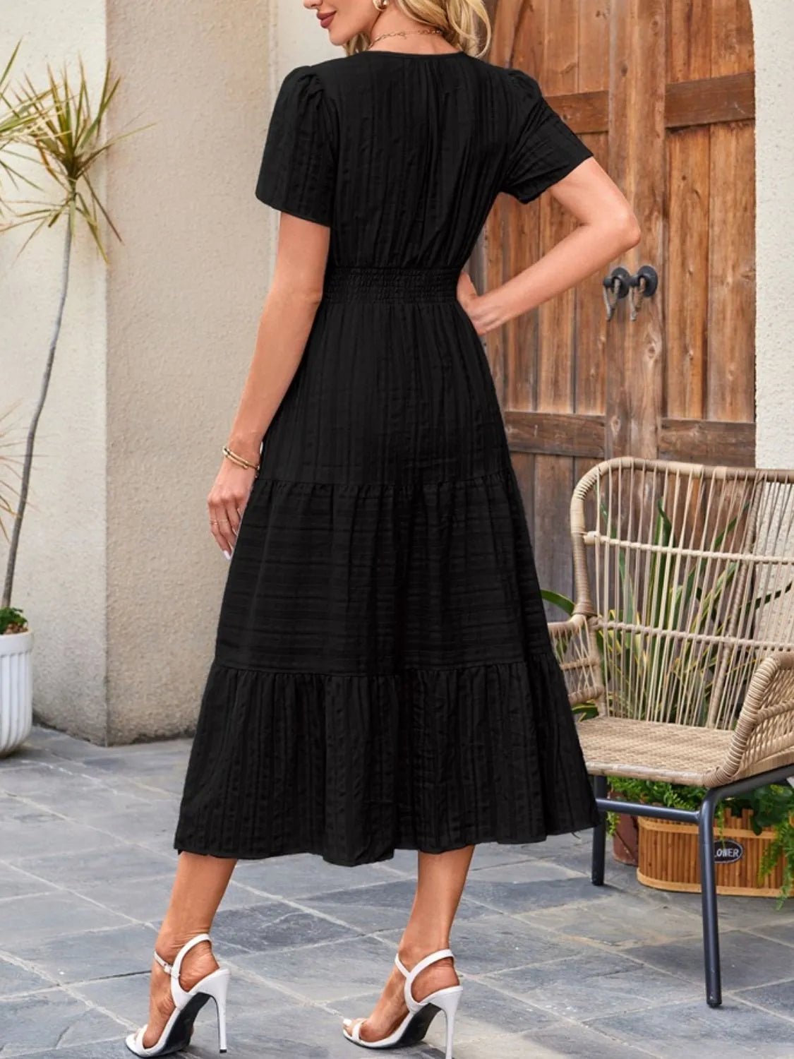 Tiered Notched Short Sleeve Dress - adritiX