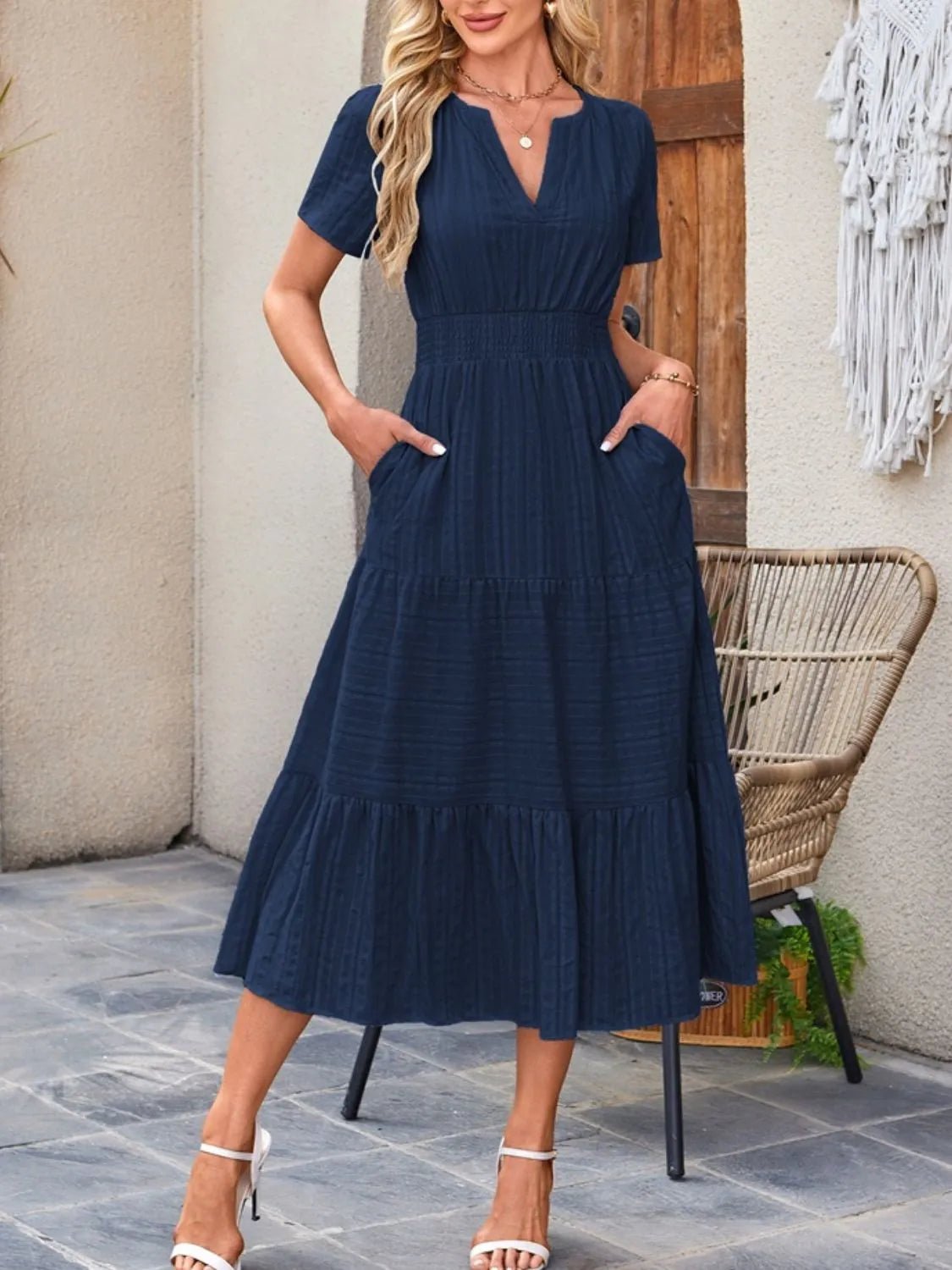 Tiered Notched Short Sleeve Dress - adritiX