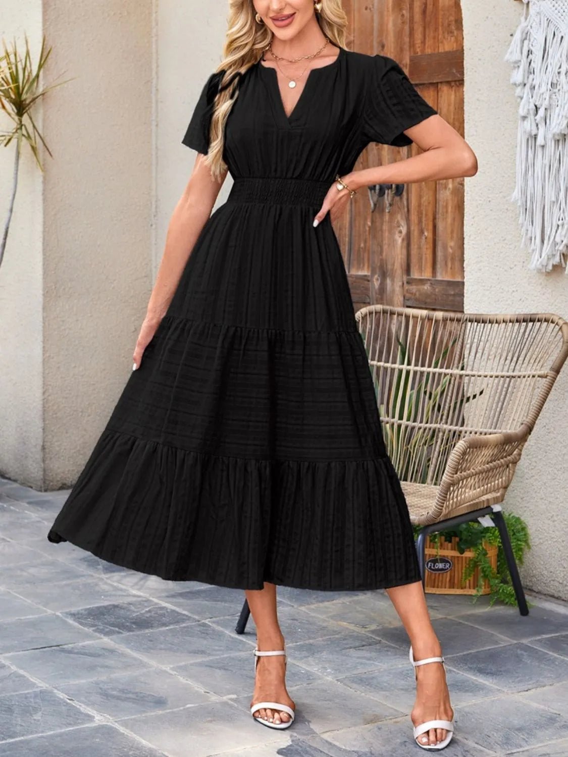 Tiered Notched Short Sleeve Dress - adritiX