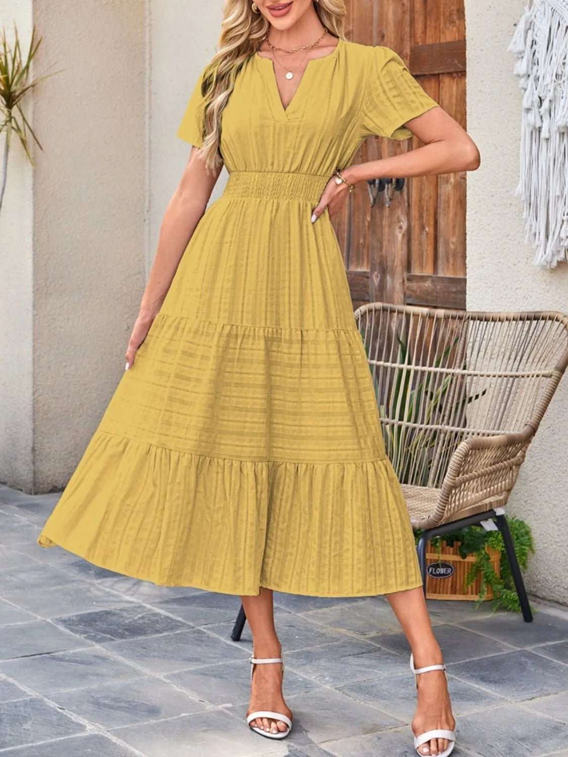 Tiered Notched Short Sleeve Dress - adritiX