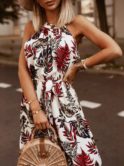 Tropical Floral Halter Neck Summer Dress - adritiX