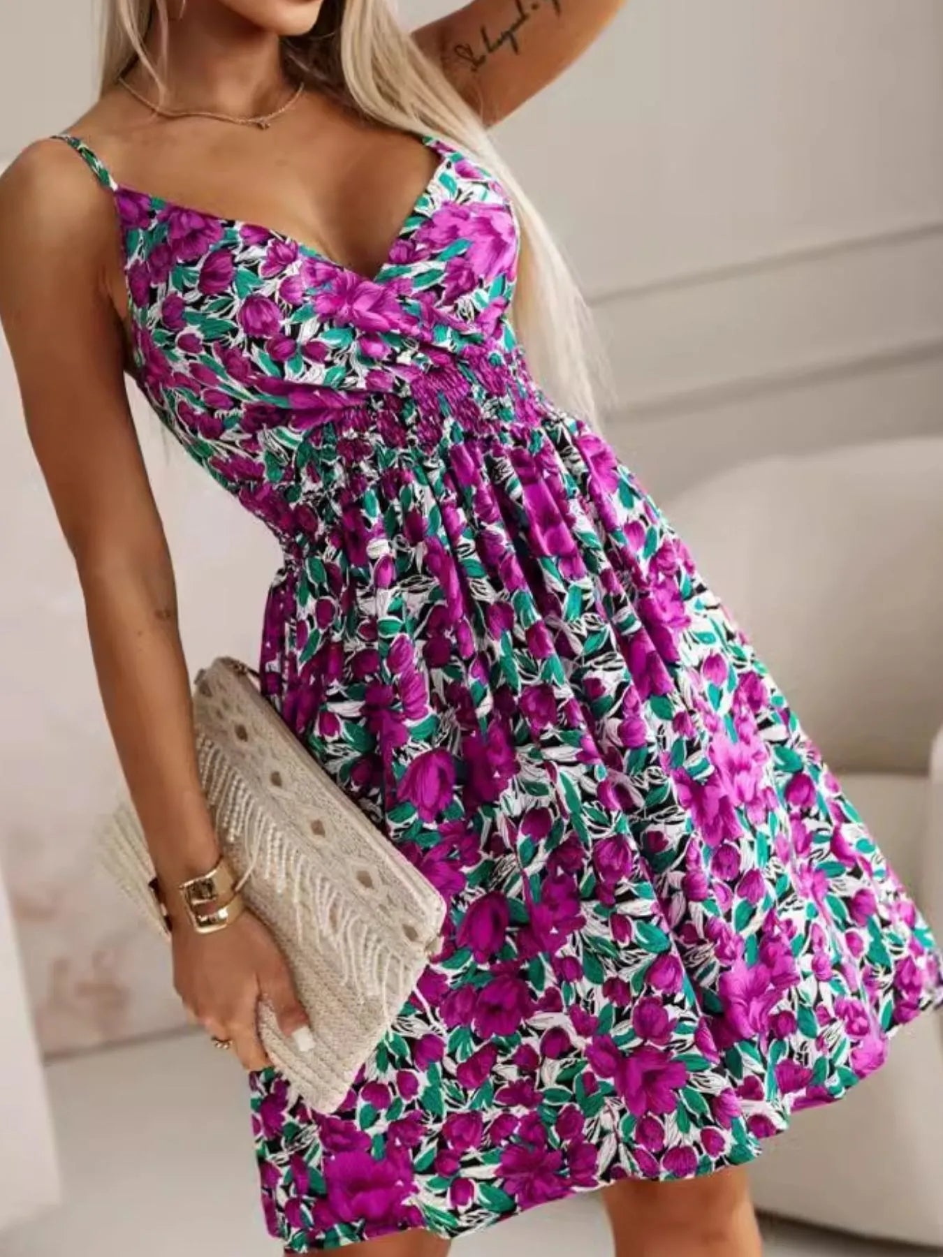 Tropical Print Spaghetti Strap Mini Dress - adritiX