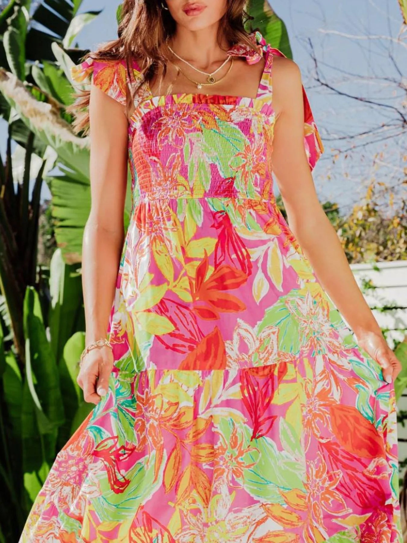 Tropical Print Tie Shoulder Maxi Dress - adritiX