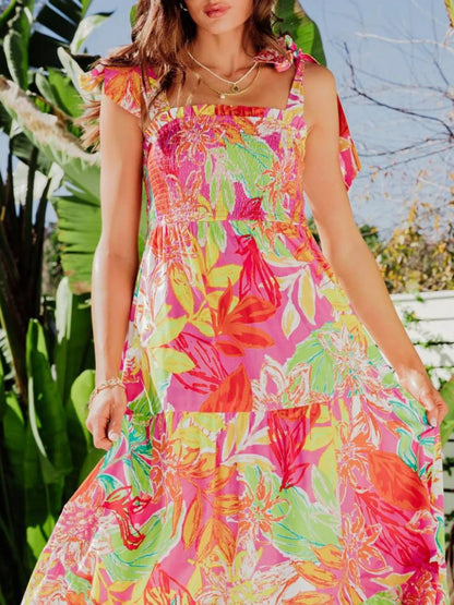 Tropical Print Tie Shoulder Maxi Dress - adritiX
