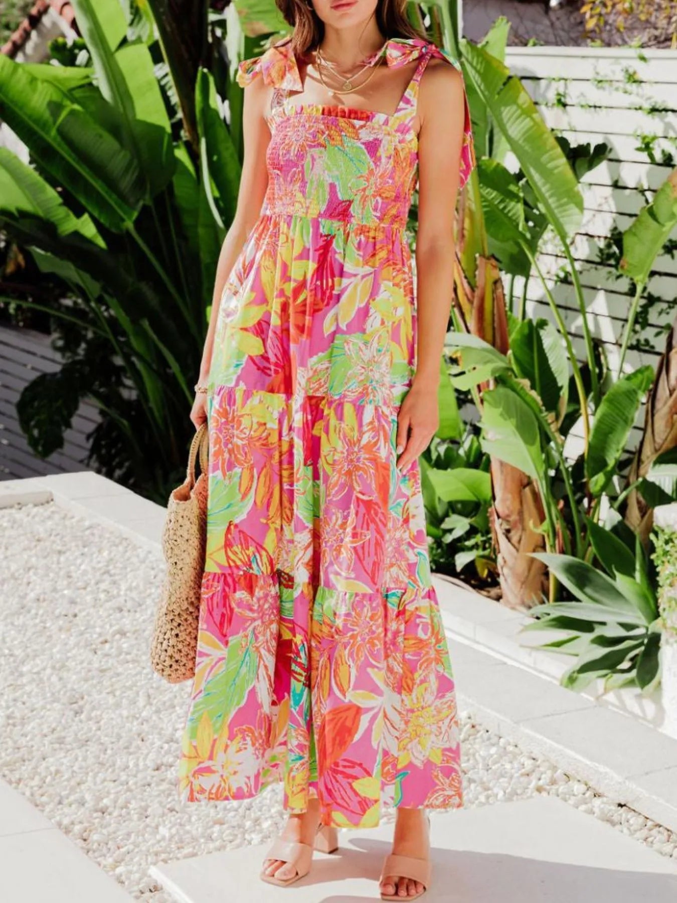 Tropical Print Tie Shoulder Maxi Dress - adritiX
