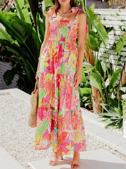 Tropical Print Tie Shoulder Maxi Dress - adritiX