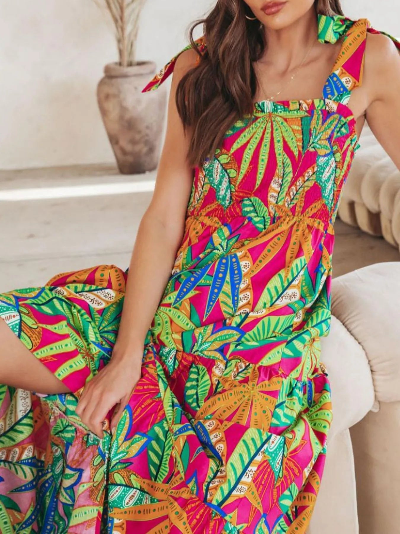 Tropical Print Tie Shoulder Maxi Dress - adritiX