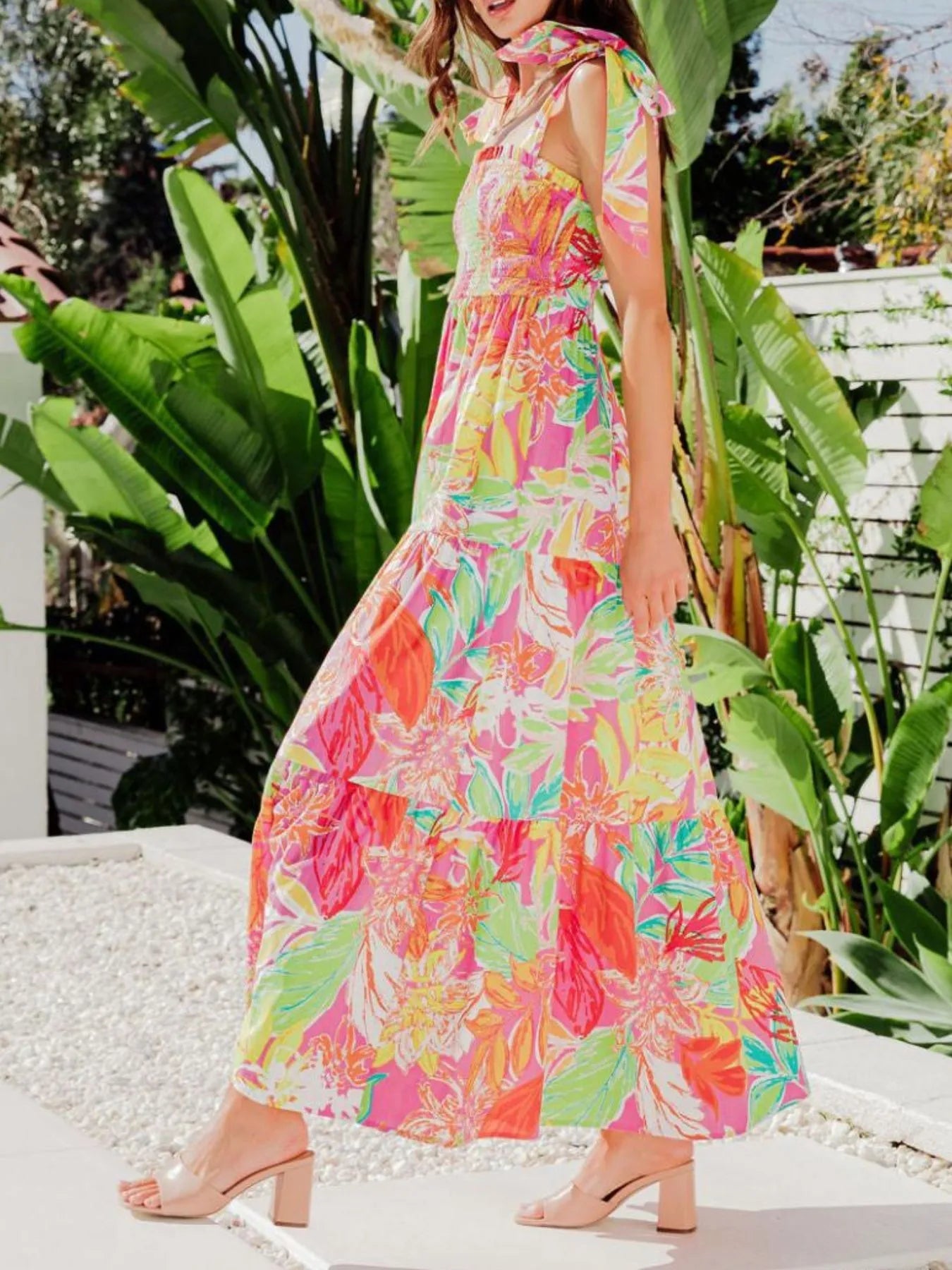 Tropical Print Tie Shoulder Maxi Dress - adritiX
