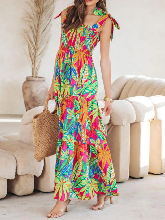 Tropical Print Tie Shoulder Maxi Dress - adritiX