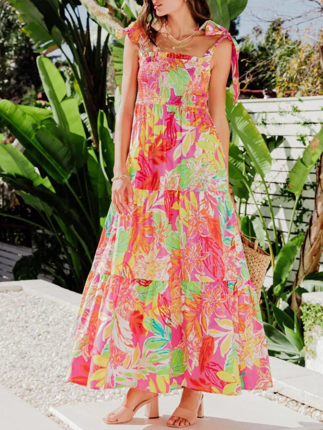 Tropical Print Tie Shoulder Maxi Dress - adritiX