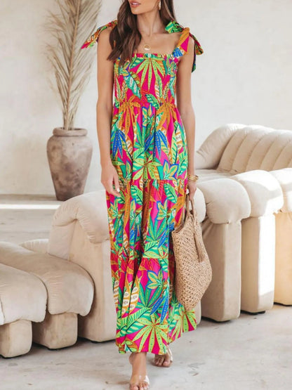 Tropical Print Tie Shoulder Maxi Dress - adritiX