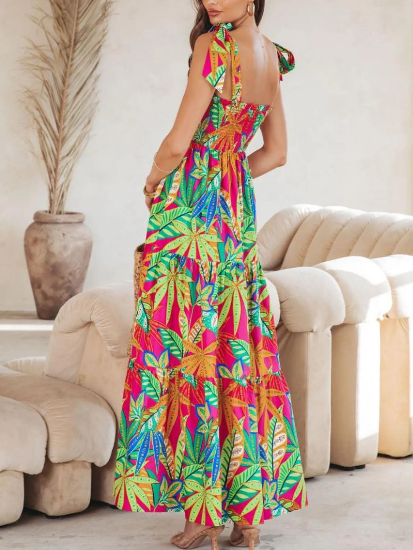 Tropical Print Tie Shoulder Maxi Dress - adritiX