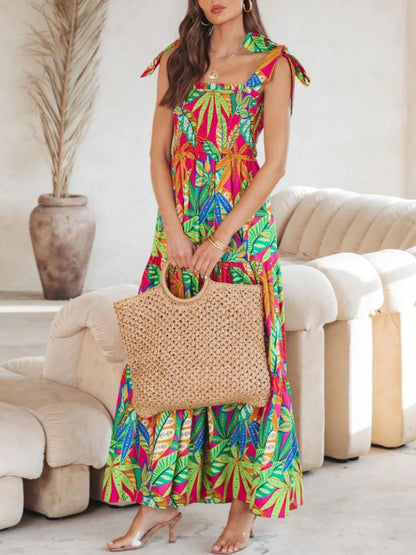 Tropical Print Tie Shoulder Maxi Dress - adritiX