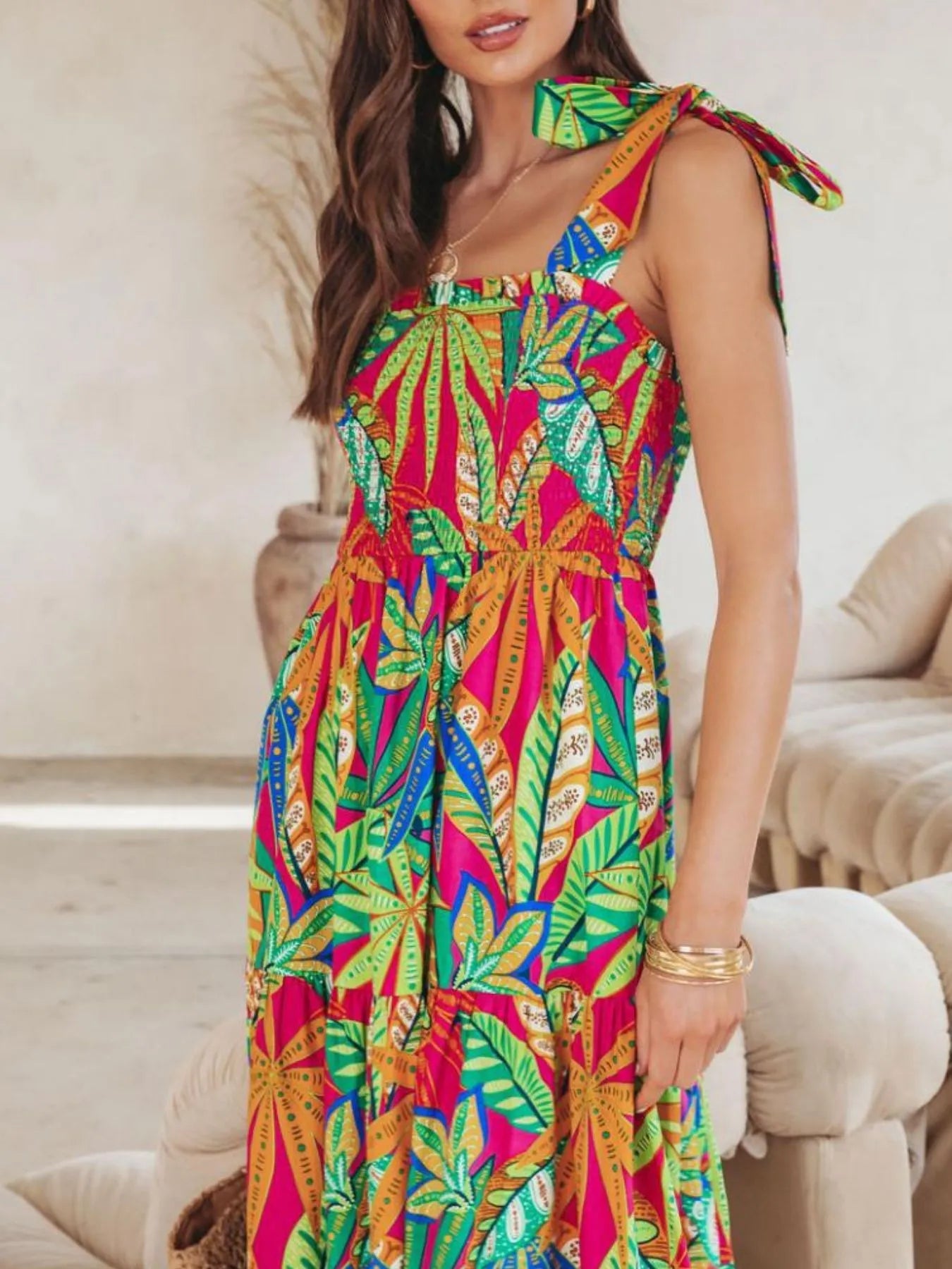Tropical Print Tie Shoulder Maxi Dress - adritiX