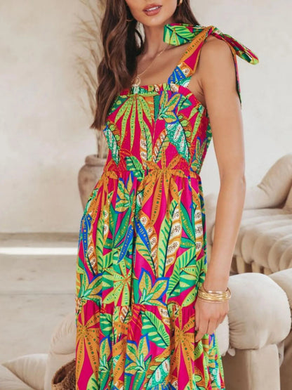 Tropical Print Tie Shoulder Maxi Dress - adritiX