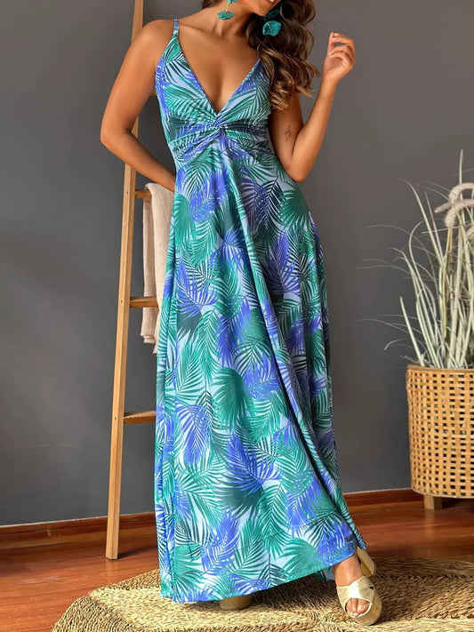 Tropical Print V - Neck Maxi Dress - adritiX