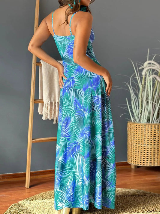 Tropical Print V - Neck Maxi Dress - adritiX