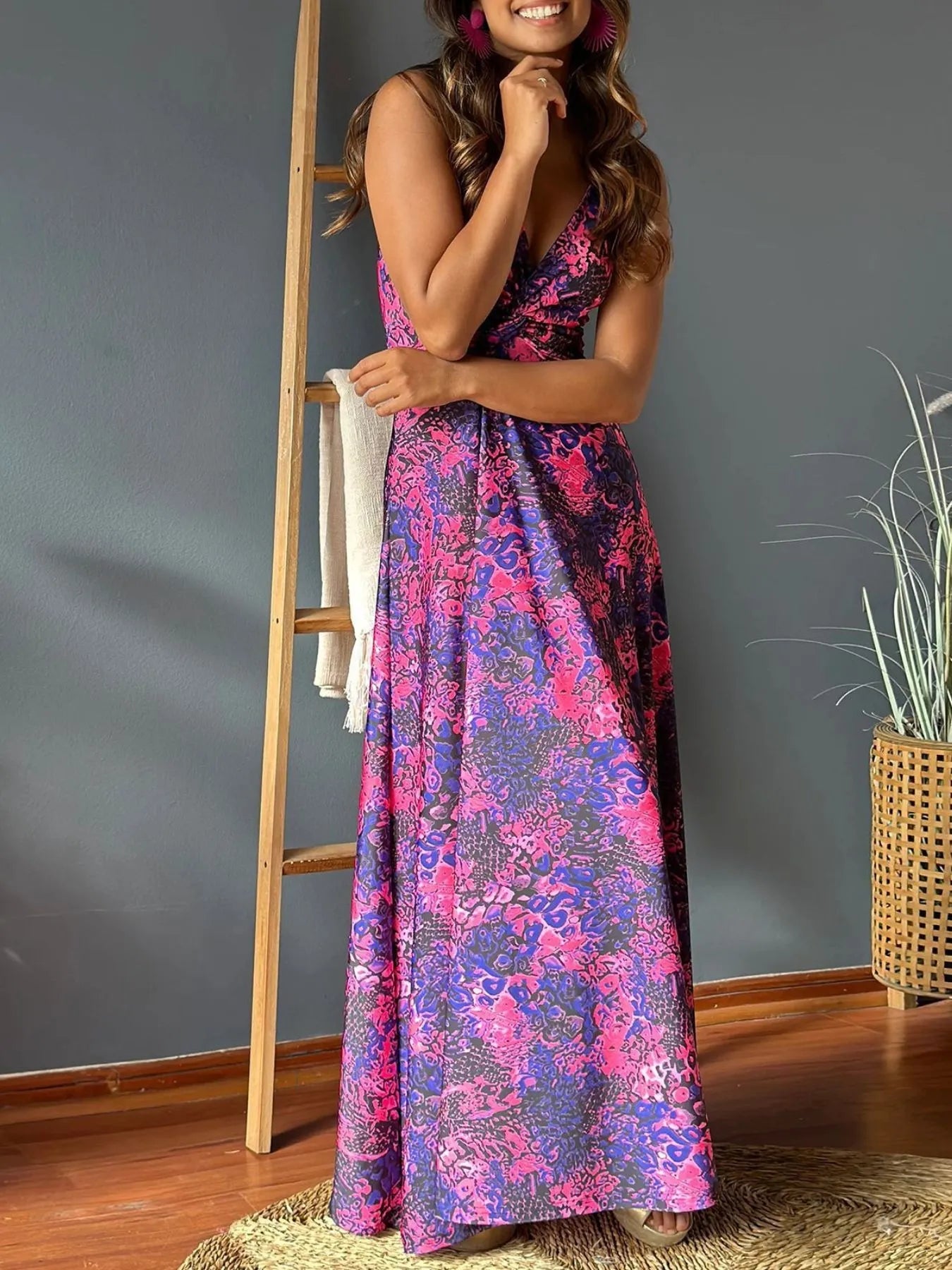 Tropical Print V - Neck Maxi Dress - adritiX