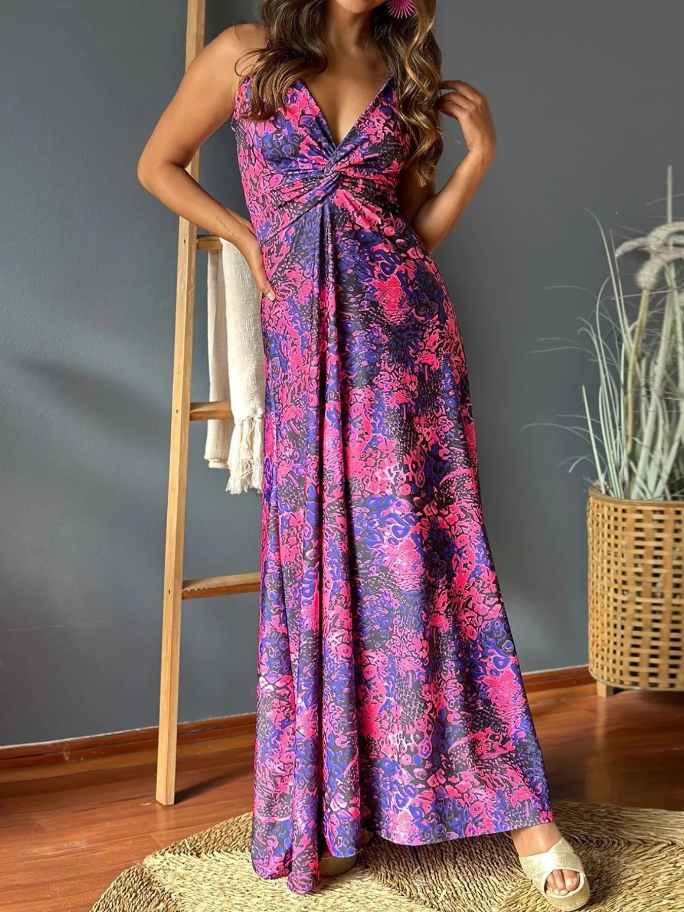 Tropical Print V - Neck Maxi Dress - adritiX