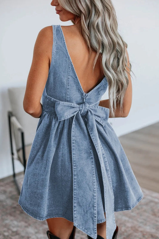 V - Back Bow Tie Denim Skater Dress - adritiX
