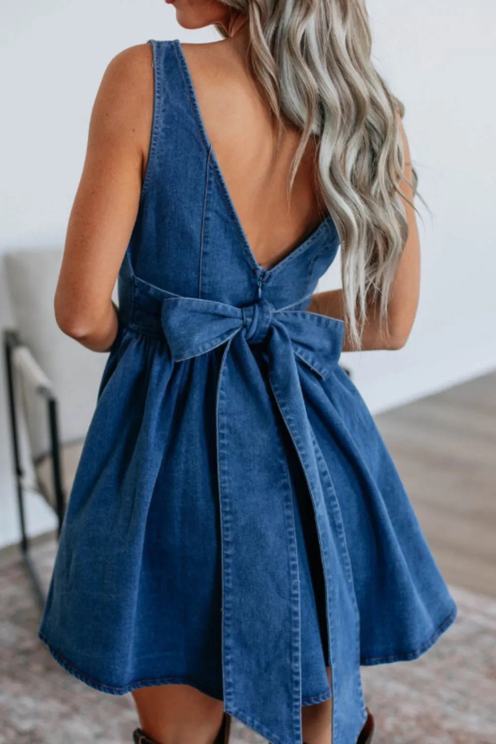 V - Back Bow Tie Denim Skater Dress - adritiX