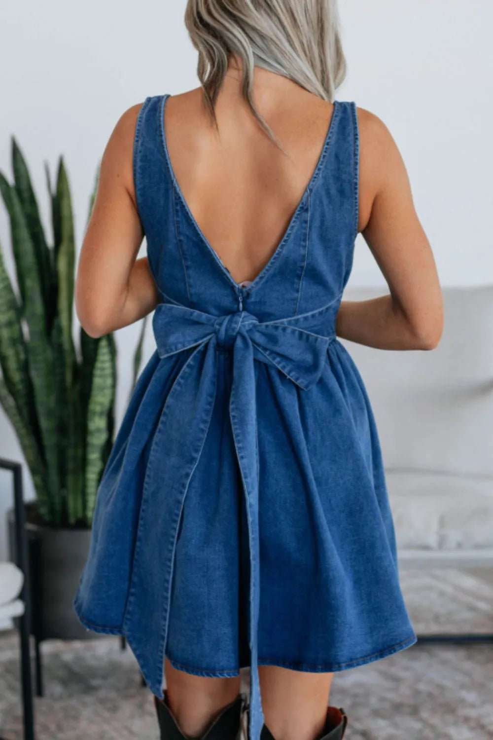 V - Back Bow Tie Denim Skater Dress - adritiX