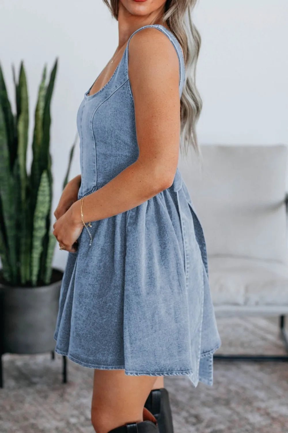V - Back Bow Tie Denim Skater Dress - adritiX