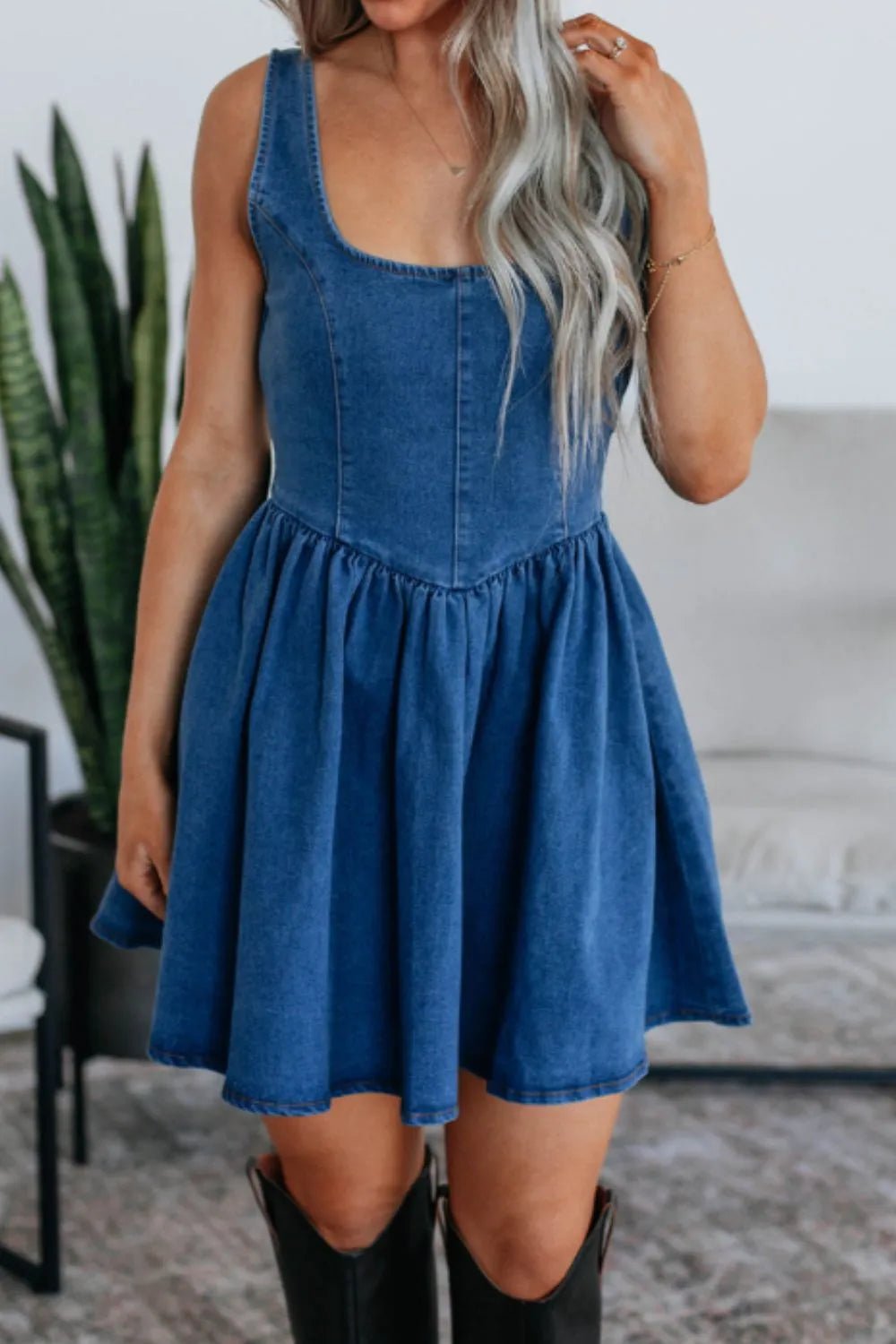 V - Back Bow Tie Denim Skater Dress - adritiX