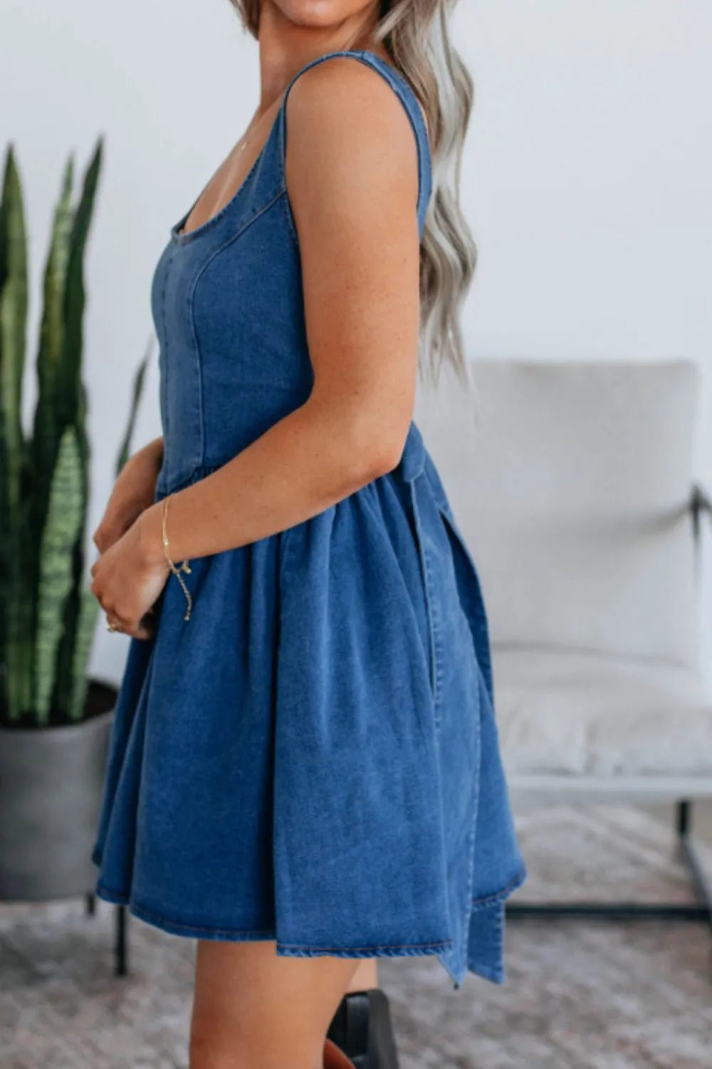 V - Back Bow Tie Denim Skater Dress - adritiX