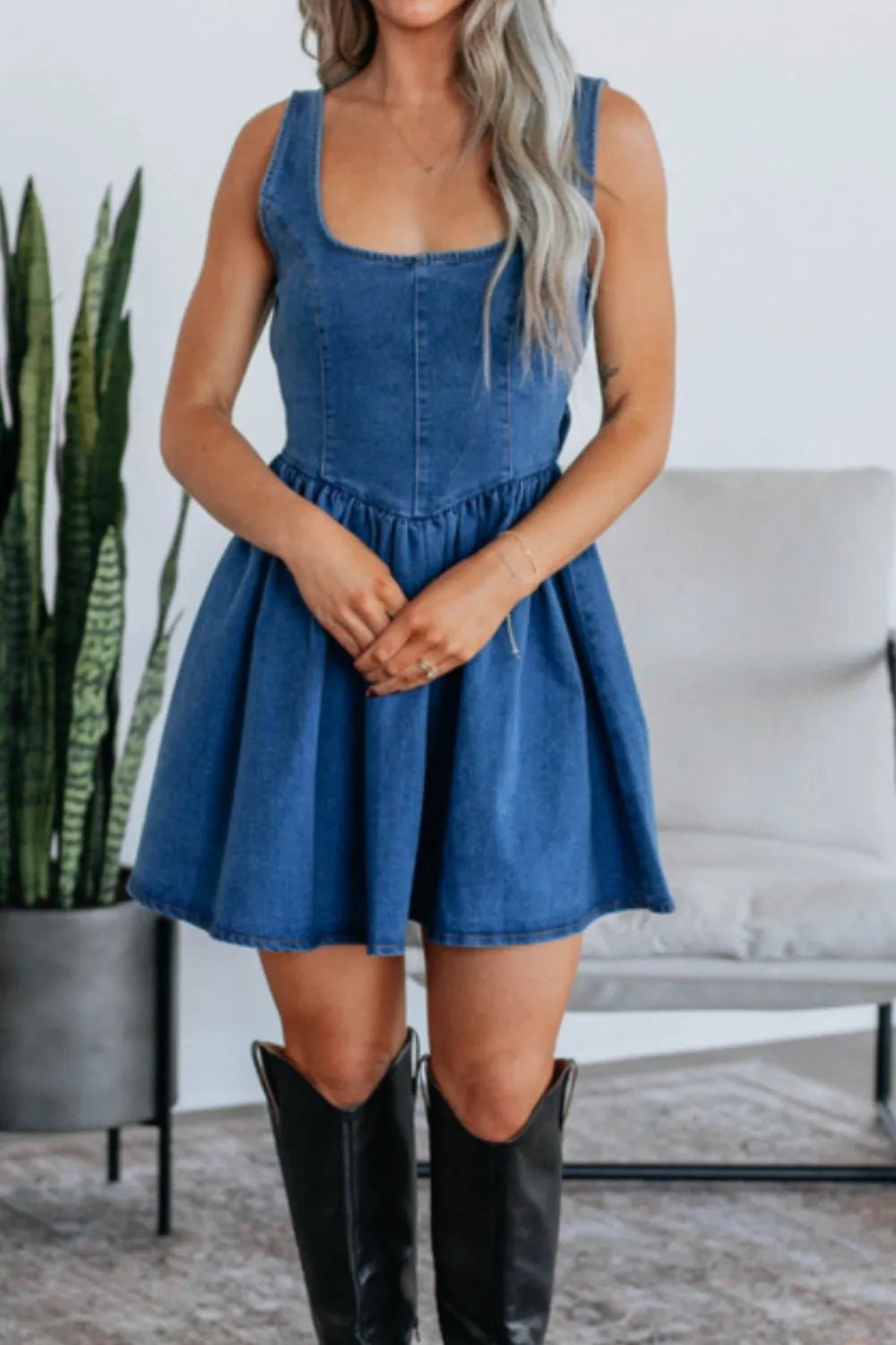 V - Back Bow Tie Denim Skater Dress - adritiX