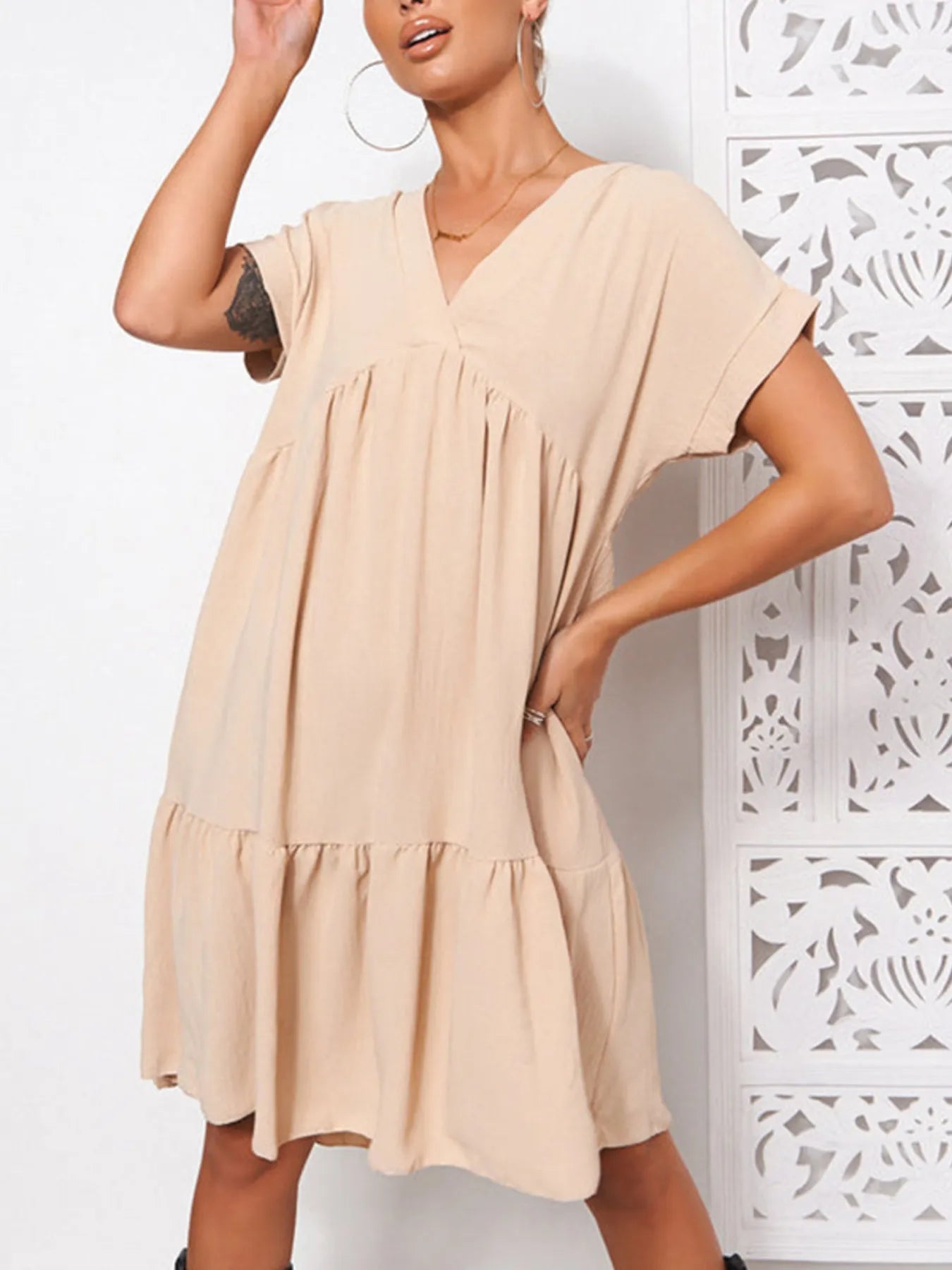 V - Neck Babydoll Tiered Mini Dress - adritiX