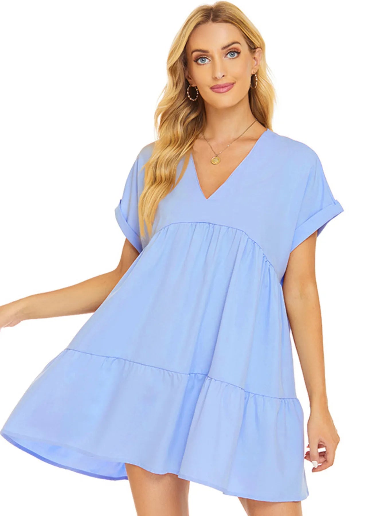 V - Neck Babydoll Tiered Mini Dress - adritiX