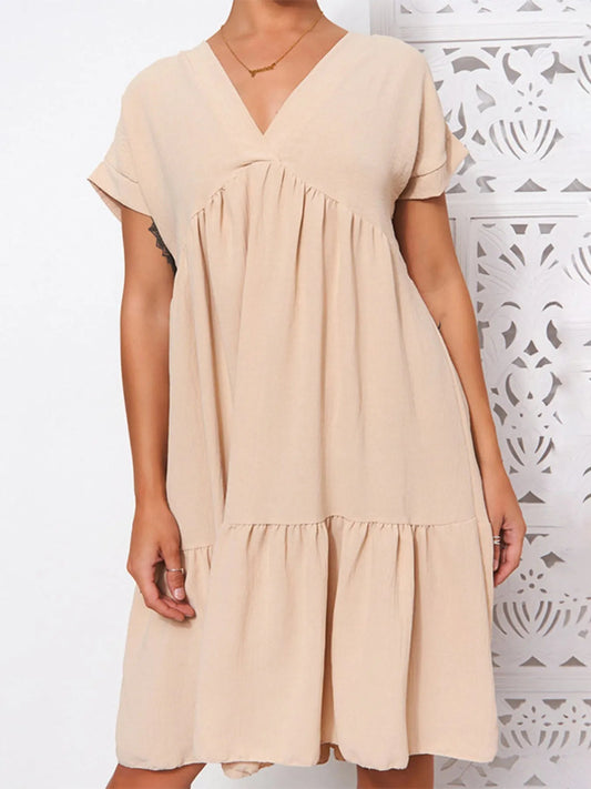 V - Neck Babydoll Tiered Mini Dress - adritiX