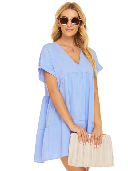 V - Neck Babydoll Tiered Mini Dress - adritiX
