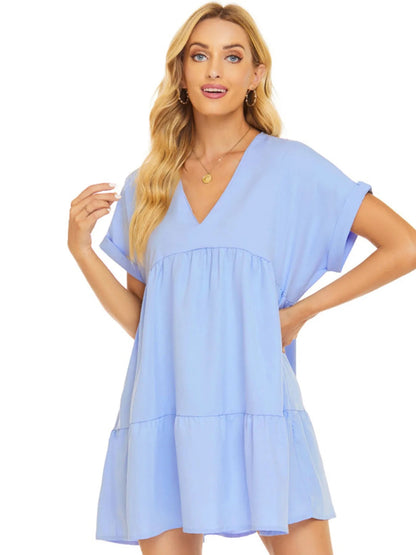 V - Neck Babydoll Tiered Mini Dress - adritiX