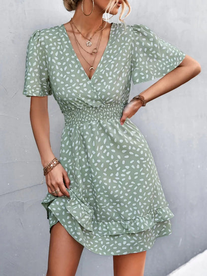 V - Neck Flutter Sleeve Mini Dress - adritiX