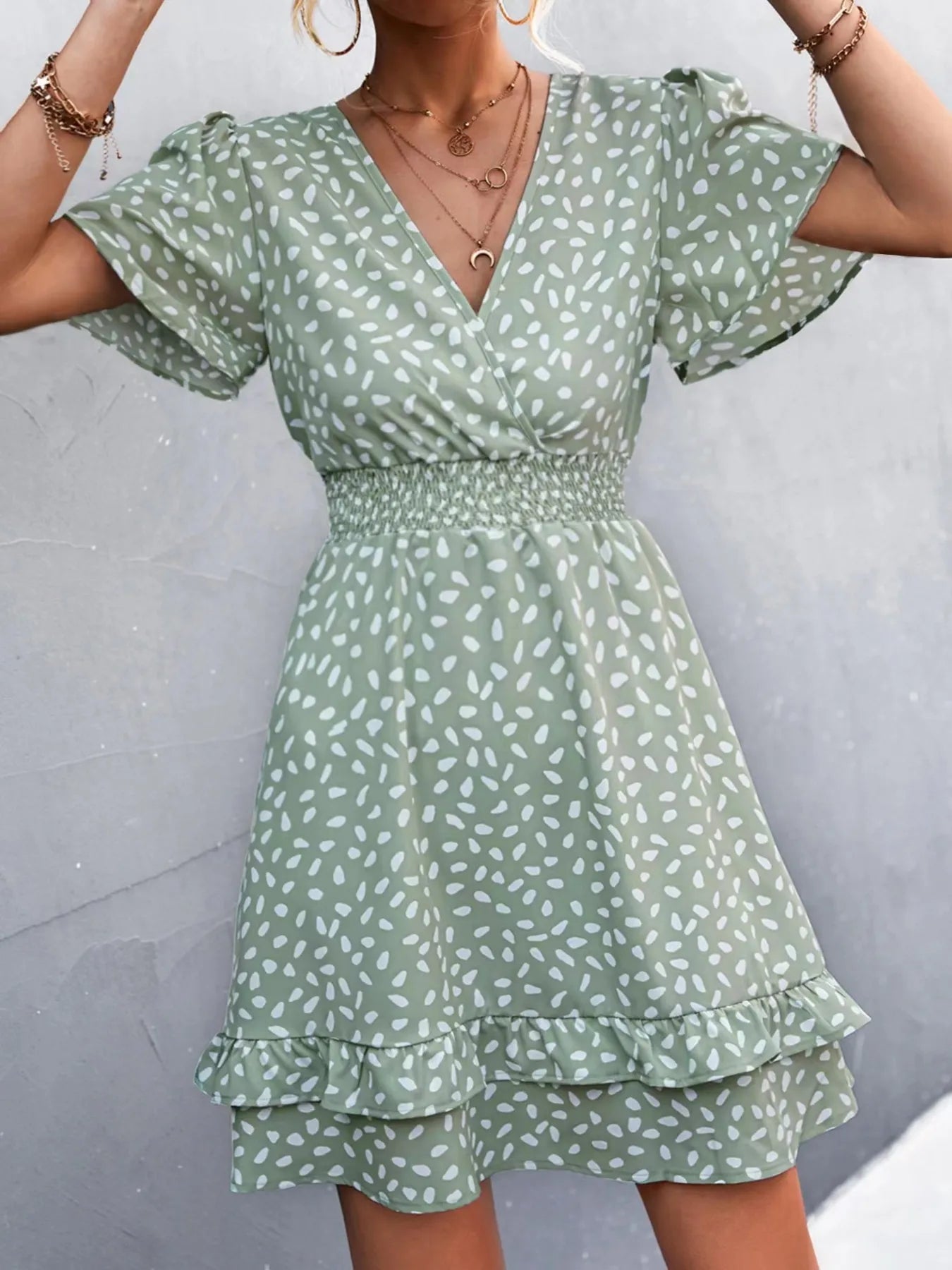 V - Neck Flutter Sleeve Mini Dress - adritiX