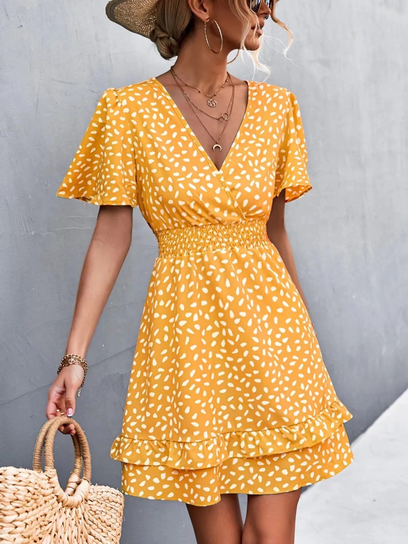 V - Neck Flutter Sleeve Mini Dress - adritiX